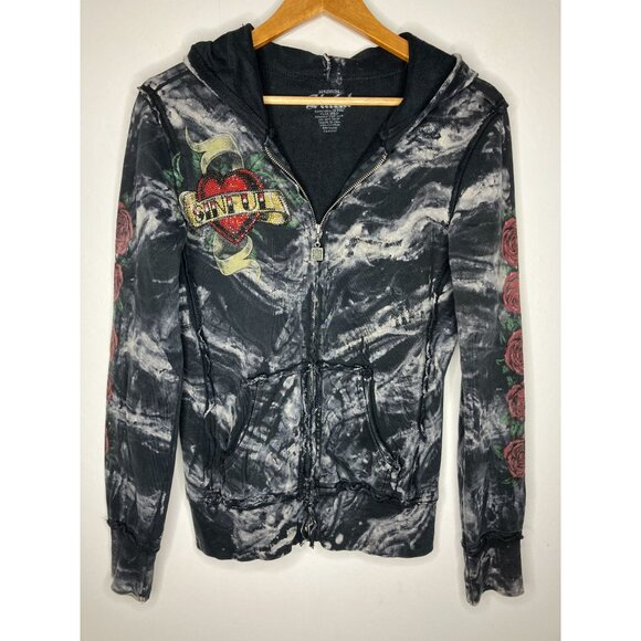 Y2K Sinful Affliction Womens Medium Zip Up Hoodie Black Tie Dye Rose Tattoo Hear - Picture 1 of 13